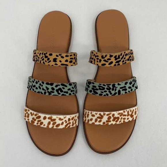 Madewell Ilana Calf Hair leopard print triple strap flat slide sandal shoe new 7 - Picture 4 of 6
